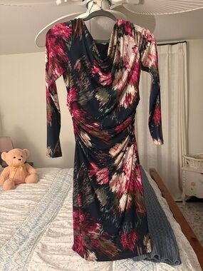 David Meister Floral Sheath Dress Size 4 Navy Pink Ruched Cocktail Midi